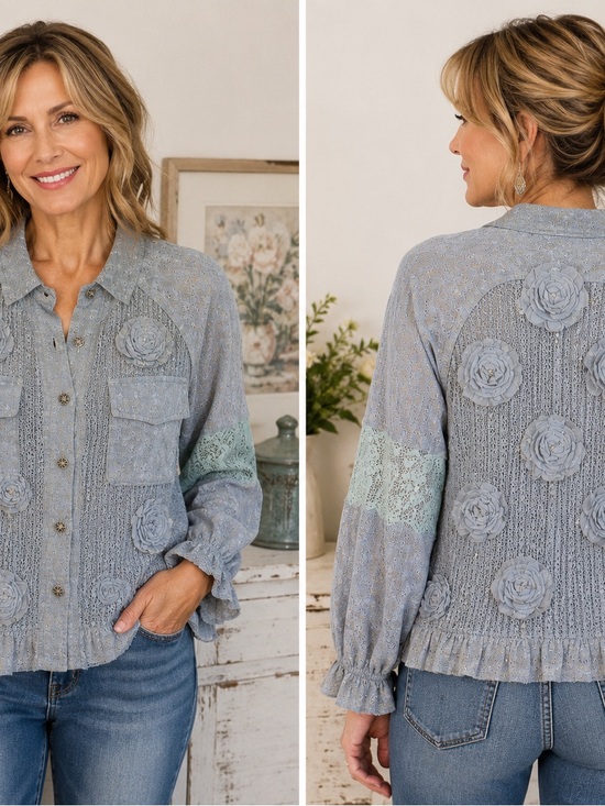 POL Tops - POL Vintage Style Balloon Sleeve Jacket Top – Lace Patch & Vintage Wash Sz M